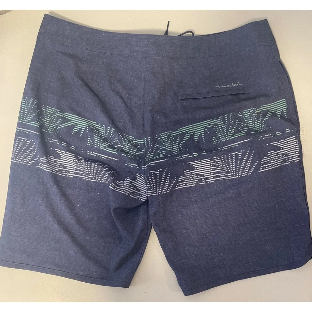 TravisMathew Mens Navy Blue Tropical Palm Print Board Shorts Swim Trunks Size 34